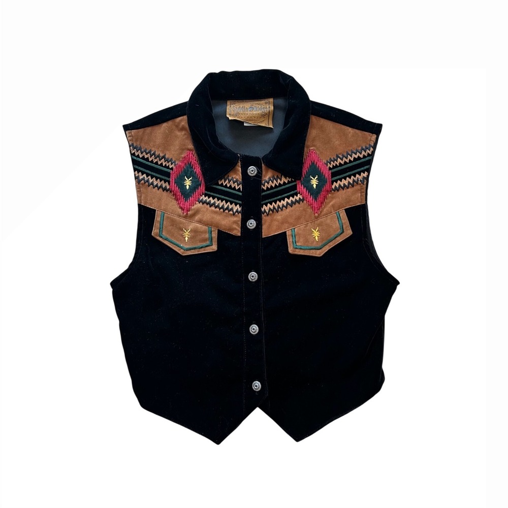 American Vintage Black Suede Vest with Brown & Pink Southwestern Embroidery